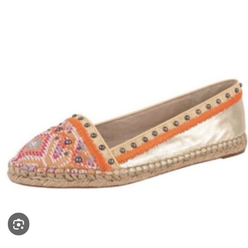 House Of Harlow Kat Gold Leather Weaved Studded Espadrilles SZ 38.5 US 7